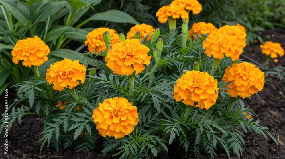 Vibrant Orange Marigolds in Garden Flowerbed Vibrant Orange Marigolds in Garden Flowerbed