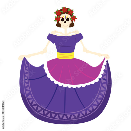 Female skeleton in purple dress for Day of the Dead, Vector