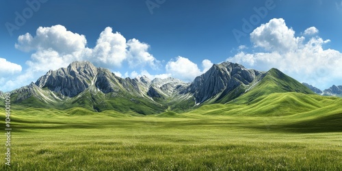 Breathtaking green valley with majestic mountains under a vibrant blue sky and fluffy white clouds.