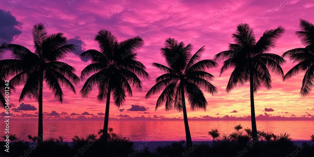 Silhouetted palm trees against a stunning pink and purple sunset over calm waters. Silhouetted palm trees against a stunning pink and purple sunset over calm waters.
