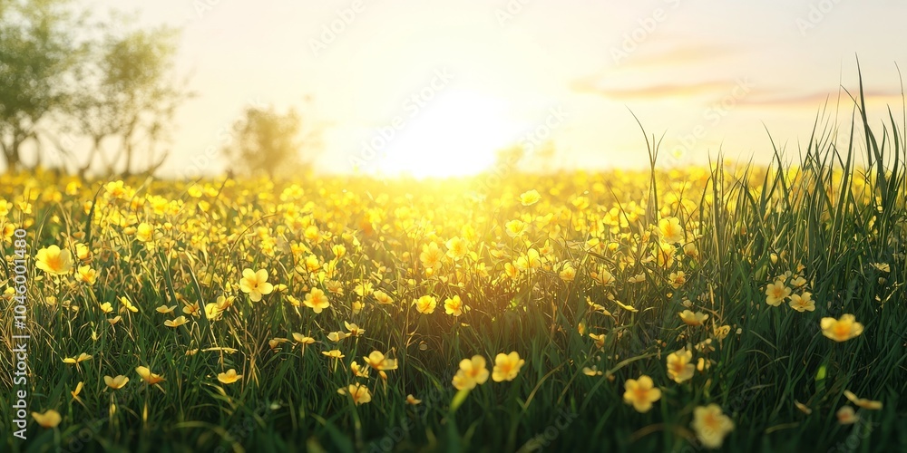 A vibrant field of yellow wildflowers illuminated by the golden light of sunset, creating a peaceful outdoor scene. A vibrant field of yellow wildflowers illuminated by the golden light of sunset, creating a peaceful outdoor scene.