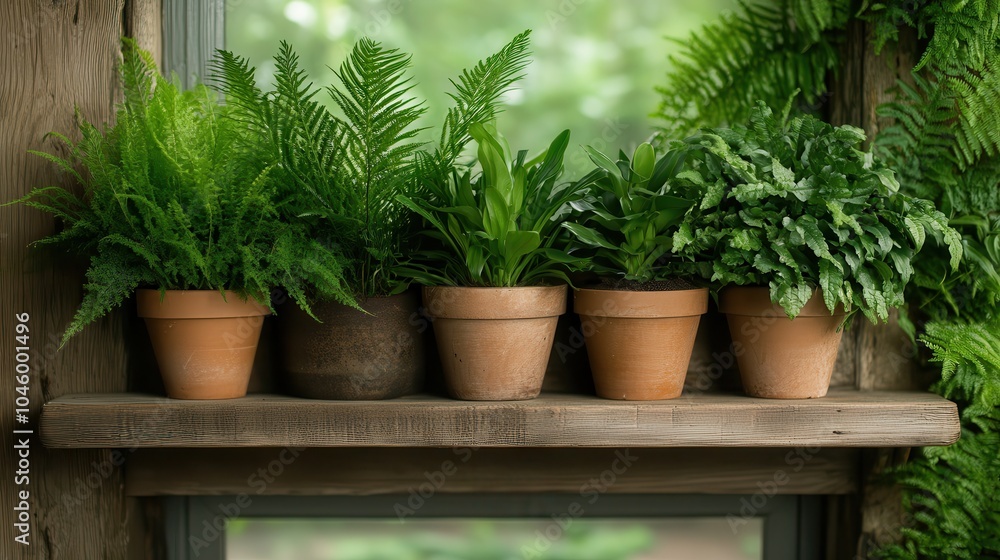 A bright, wood-lined shelf with a selection of ferns in terracotta pots, capturing the essence of natural decor and the peace of bringing nature indoors. A bright, wood-lined shelf with a selection of ferns in terracotta pots, capturing the essence of natural decor and the peace of bringing nature indoors.