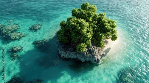 A lush tree grows on a rocky formation, surrounded by crystal clear waters, symbolizing resilience and the harmonious beauty of nature untouched by civilization.