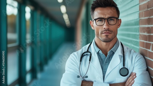 A confident doctor stands in a corridor wearing glasses and professional attire, with a stethoscope draped around the neck, conveying trust and expertise. photo