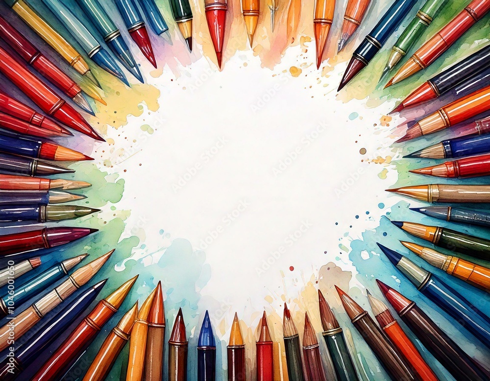 Fototapeta premium watercolor of colorful pens background with empty copy space in the middle