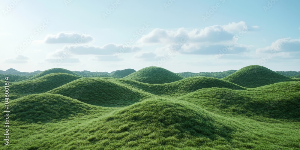 Lush green hills with soft curves under a bright blue sky, creating a serene and tranquil landscape. Lush green hills with soft curves under a bright blue sky, creating a serene and tranquil landscape.