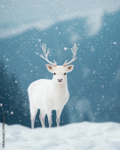 A serene white deer stands in a snowy landscape with a blurred mountain backdrop.