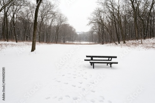 A serene winter landscape with a bench and snow-covered ground.