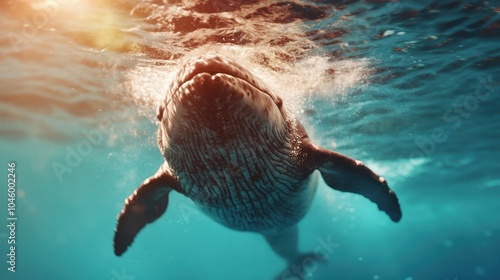 This image showcases a dolphin elegantly swimming underwater, highlighting the grace and agility of dolphins in their natural oceanic environment.