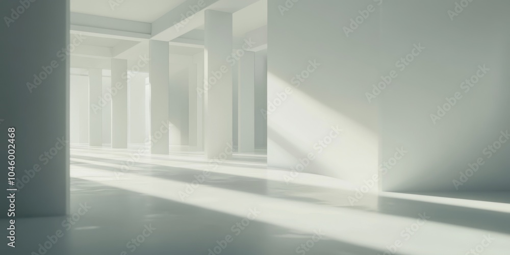 Obraz premium A serene, minimalist interior with white columns and soft sunlight creating gentle shadows.
