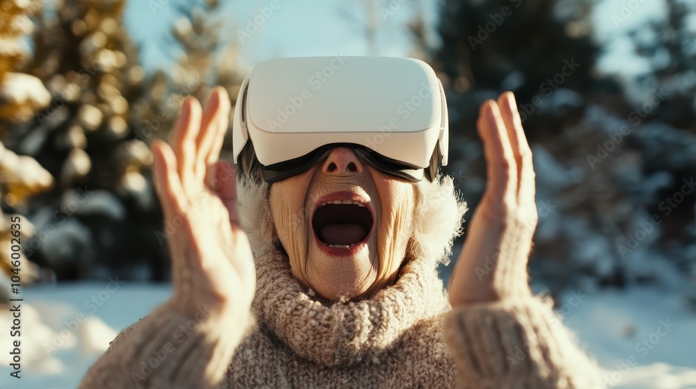 An elderly woman experiences amazement while wearing a VR headset in a snowy environment, reflecting on the intersection of age and advanced technology. An elderly woman experiences amazement while wearing a VR headset in a snowy environment, reflecting on the intersection of age and advanced technology.