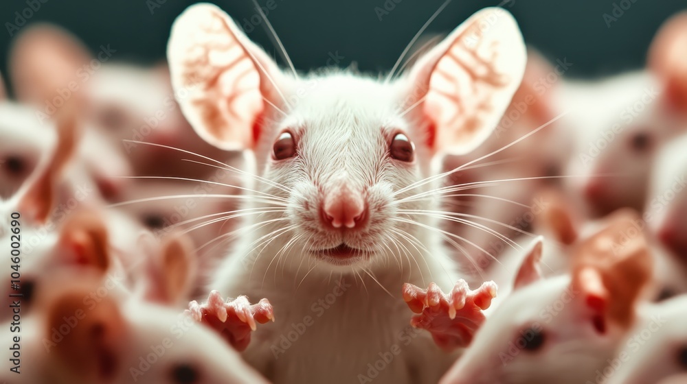 A distinctive white mouse with large ears appears to stand out among a blurred crowd of similar mice, facing the camera with an inquisitive expression. A distinctive white mouse with large ears appears to stand out among a blurred crowd of similar mice, facing the camera with an inquisitive expression.