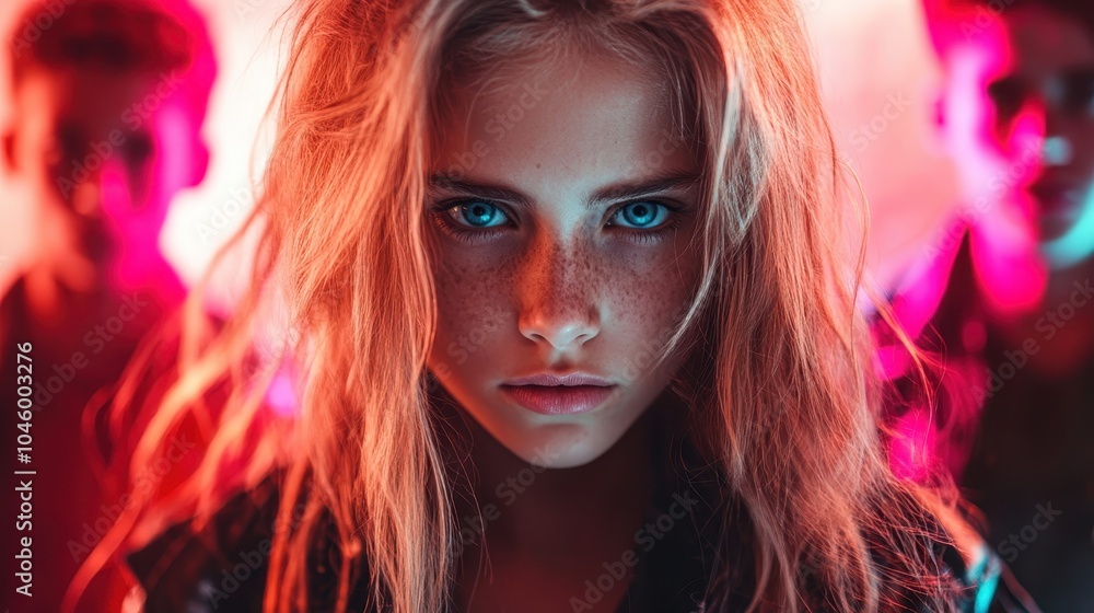 A close-up of a woman with striking blue eyes and freckles dominates the foreground. Behind her, two figures are softly focused, adding depth to the image. A close-up of a woman with striking blue eyes and freckles dominates the foreground. Behind her, two figures are softly focused, adding depth to the image.