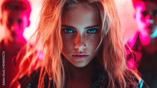 A close-up of a woman with striking blue eyes and freckles dominates the foreground. Behind her, two figures are softly focused, adding depth to the image.