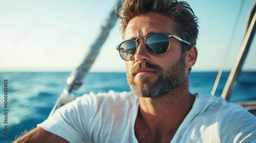 Confident and fashionable man on a sailboat, gazing into the distance, wearing sunglasses, capturing the essence of adventure and marine exploration. Confident and fashionable man on a sailboat, gazing into the distance, wearing sunglasses, capturing the essence of adventure and marine exploration.