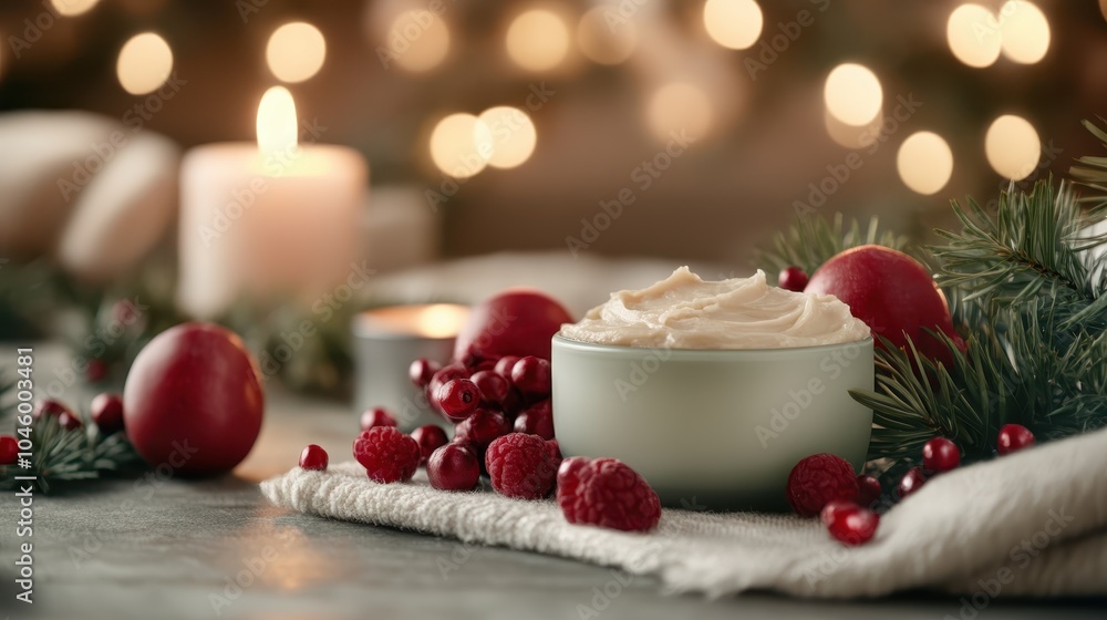 Holiday-inspired setting showcasing a bowl of cream surrounded by pine branches, cranberries, and raspberries, adding a touch of festive warmth and coziness. Holiday-inspired setting showcasing a bowl of cream surrounded by pine branches, cranberries, and raspberries, adding a touch of festive warmth and coziness.