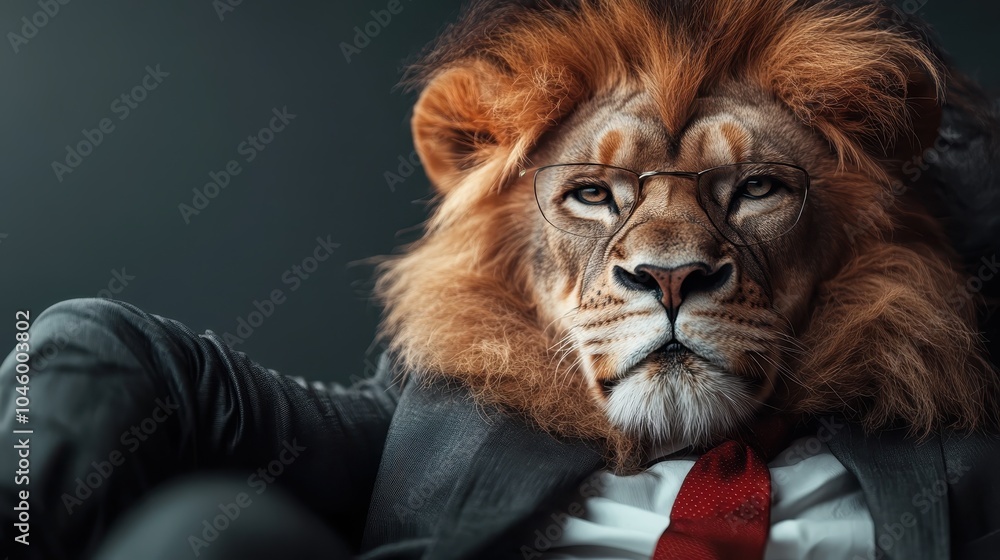 An anthropomorphic concept portrayal of a lion wearing glasses and a red tie, exuding intelligence and authority as it sits confidently in a modern professional setting. An anthropomorphic concept portrayal of a lion wearing glasses and a red tie, exuding intelligence and authority as it sits confidently in a modern professional setting.