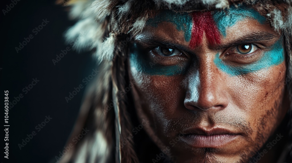 The portrait shows a person with tribal face paint, intense eyes, and natural textures, evoking a strong connection with nature and cultural identity. The portrait shows a person with tribal face paint, intense eyes, and natural textures, evoking a strong connection with nature and cultural identity.