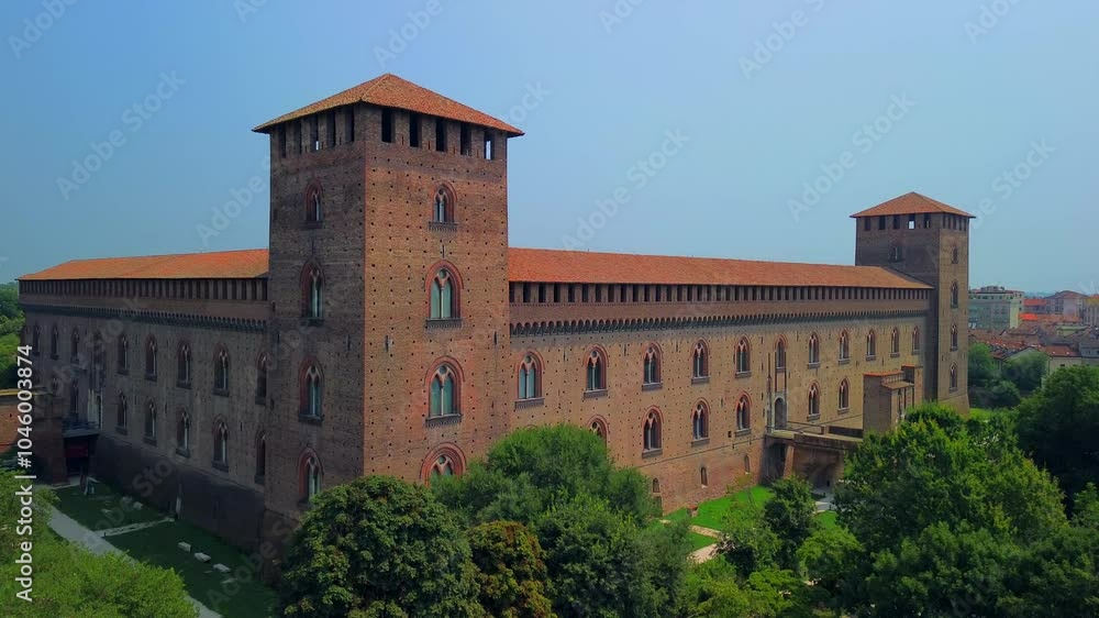 Drone view of the city with the cathedral and the castle of the Visconti dynasty and the museum, archaeological finds. City of a hundred towers historical medieval architecture. Italy Pavia 22.04.2025 Drone view of the city with the cathedral and the castle of the Visconti dynasty and the museum, archaeological finds. City of a hundred towers historical medieval architecture. Italy Pavia 22.04.2025
