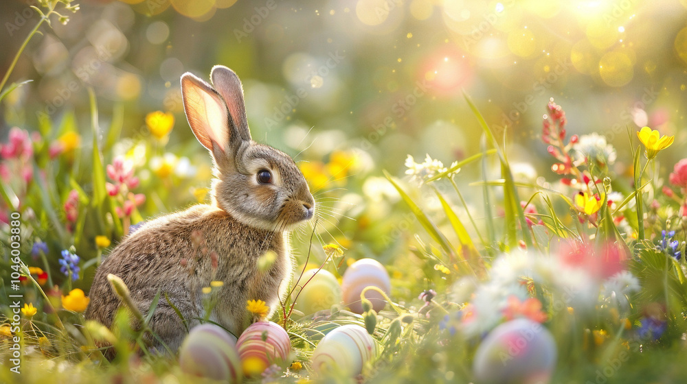 A rabbit is sitting in a field of flowers and eggs A rabbit is sitting in a field of flowers and eggs