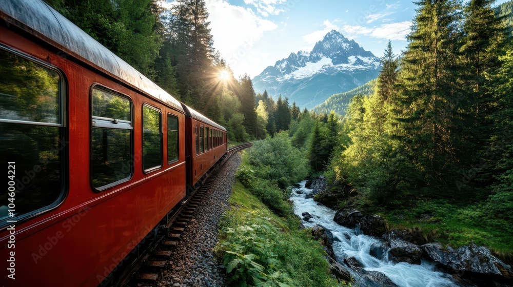 Fototapeta premium A picturesque red train travels through a lush forested mountain valley, with a snowy peak in the background and the sun setting, illuminating the serene landscape.