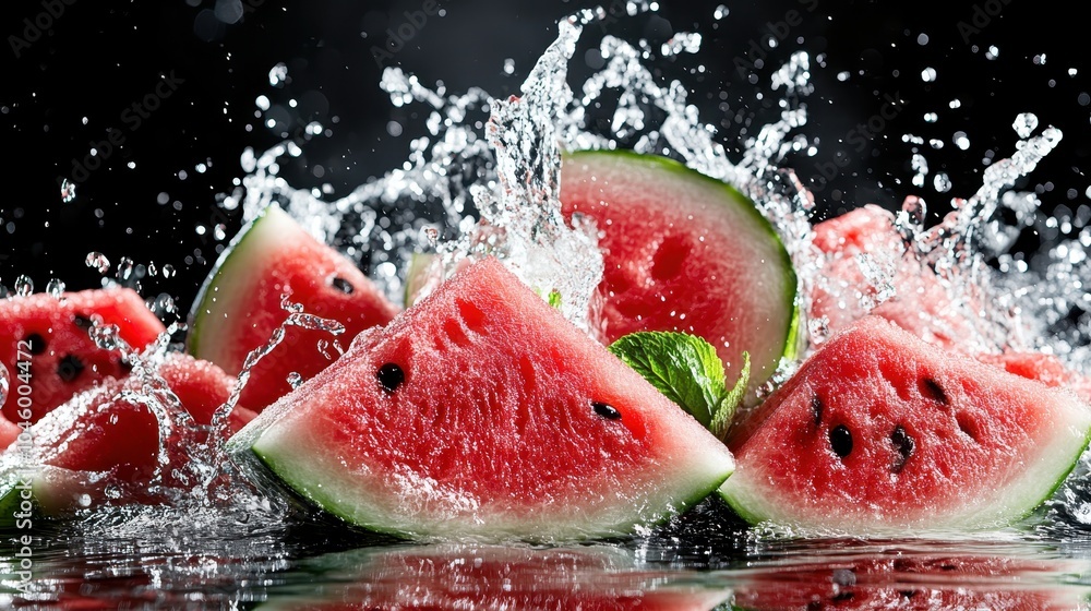 A vibrant image of watermelon slices creates a refreshing splash, beautifully captured against a dark background, highlighting its juiciness and freshness. A vibrant image of watermelon slices creates a refreshing splash, beautifully captured against a dark background, highlighting its juiciness and freshness.