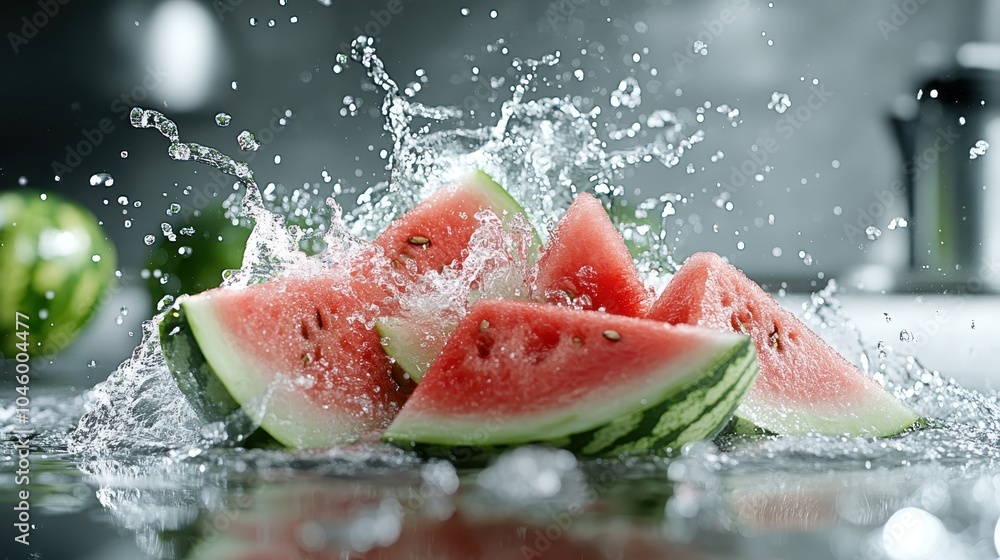 A stunning image showcasing watermelon slices as they splash into water, surrounded by droplets, expressing a refreshing, invigorating essence. A stunning image showcasing watermelon slices as they splash into water, surrounded by droplets, expressing a refreshing, invigorating essence.