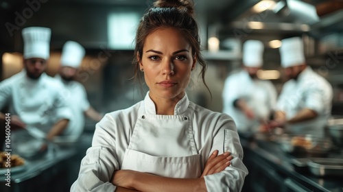 A chef stands firmly with arms crossed in a bustling kitchen, surrounded by colleagues in white uniforms and chef hats, showcasing leadership and confidence.