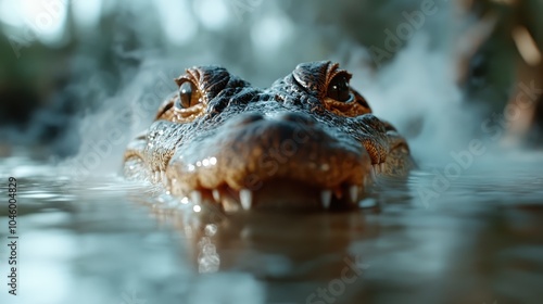 A dramatic close-up of a crocodile's head emerging from water with visible sharp teeth, creating a sense of danger and the raw power of nature.