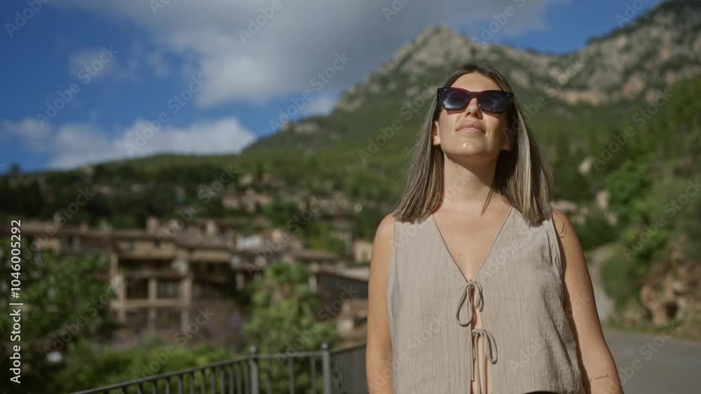Young woman enjoying outdoors in deia, mallorca, spain, with sunglasses, mountainous background, and rustic buildings, emphasizing summer travel and hispanic culture. Young woman enjoying outdoors in deia, mallorca, spain, with sunglasses, mountainous background, and rustic buildings, emphasizing summer travel and hispanic culture.