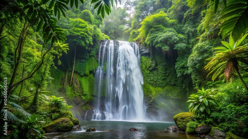 Waterfall cascading over lush rainforest foliage with droplets visible in mid-air under overcast sky, tilted angle Waterfall cascading over lush rainforest foliage with droplets visible in mid-air under overcast sky, tilted angle
