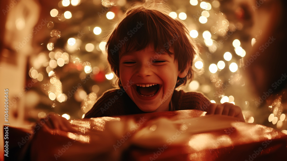 Joyful child unwrapping christmas gift in front of festive tree lights Joyful child unwrapping christmas gift in front of festive tree lights