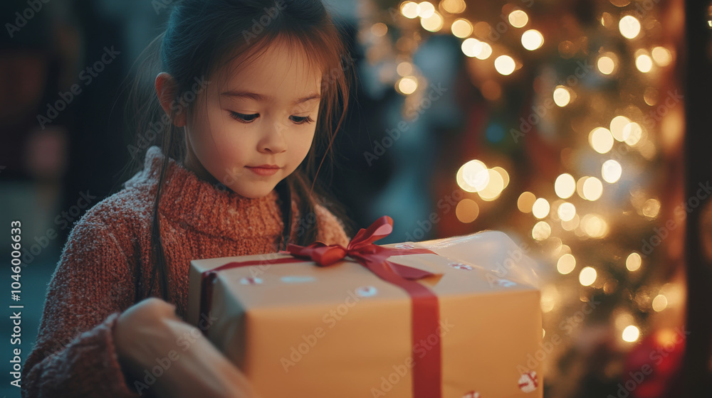 Young girl with christmas gift in festive holiday atmosphere Young girl with christmas gift in festive holiday atmosphere