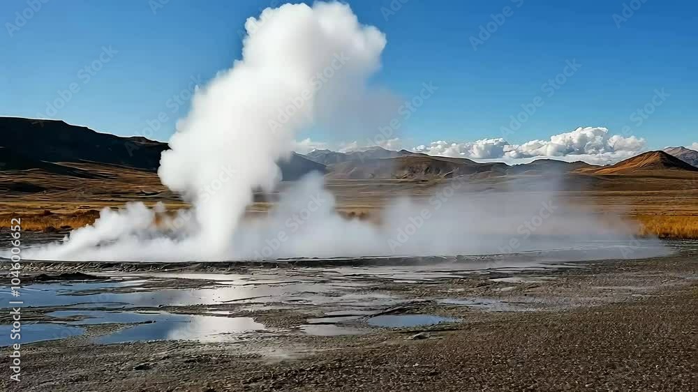 A geyser erupts in a vast, arid landscape, surrounded by mountains and clouds, showcasing the natural beauty and geothermal activity of the area. A geyser erupts in a vast, arid landscape, surrounded by mountains and clouds, showcasing the natural beauty and geothermal activity of the area.