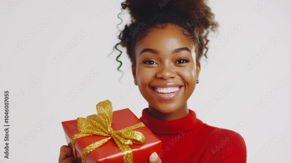Joyful young woman holding a gift box with golden ribbon in festive atmosphere Joyful young woman holding a gift box with golden ribbon in festive atmosphere