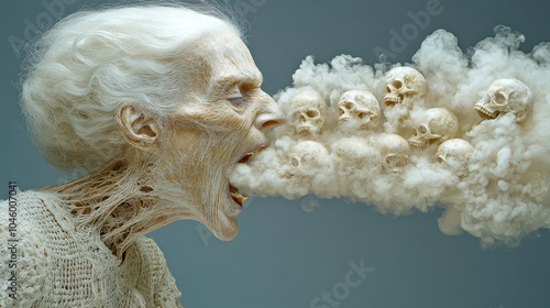 Old undead witch exhaling deadly curse of small skulls