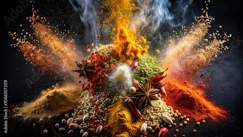 Fototapeta Naklejka Na Ścianę i Meble -  Spices and seasonings powder splash explosion on black background, symmetrical