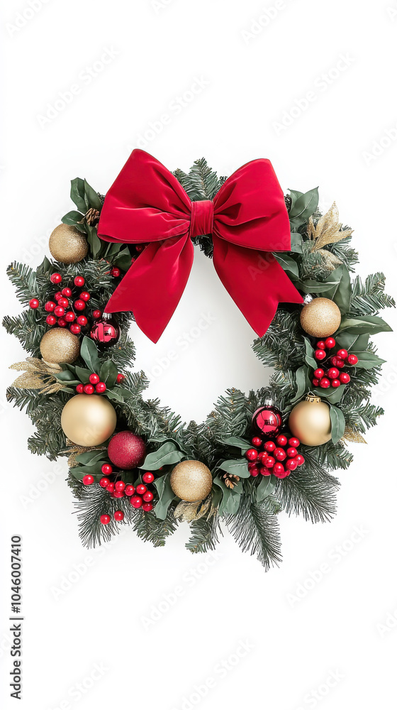 Festive christmas wreath with red bow and ornaments on white background Festive christmas wreath with red bow and ornaments on white background