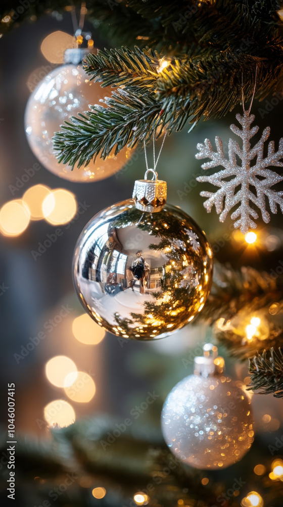 Festive christmas tree with glowing baubles and elegant ornaments Festive christmas tree with glowing baubles and elegant ornaments