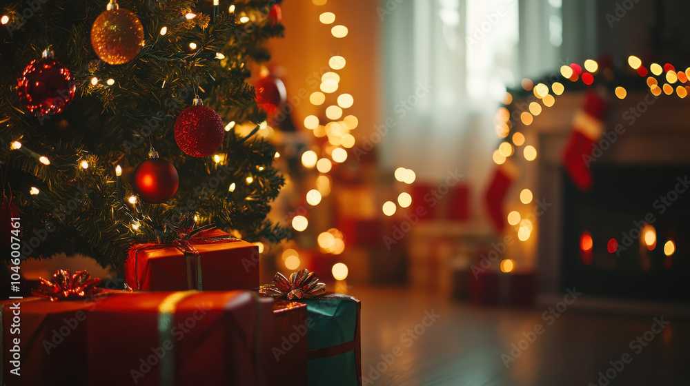 Cozy christmas interior with tree, gifts, and fireplace glow Cozy christmas interior with tree, gifts, and fireplace glow