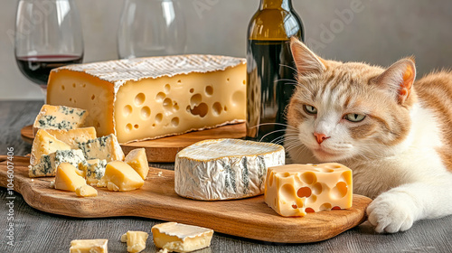 Happy cat and a lot of cheese, still life photo