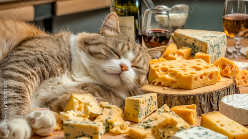 Happy cat sleeps next to cheese platter photo