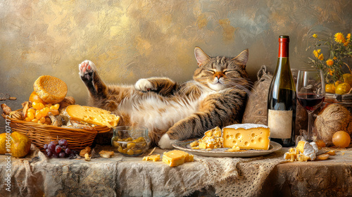 Cat lying on table with cheese, and wine, in style of old Dutch still life paintings photo