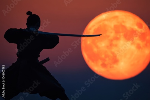 A silhouette of a samurai with a sword against a large orange moon.