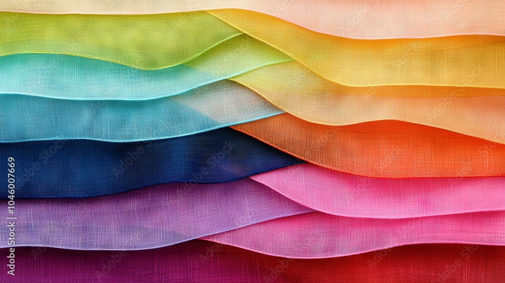 A close-up of a multicolored sheer fabric background with various colored fabrics layered on top of it A close-up of a multicolored sheer fabric background with various colored fabrics layered on top of it