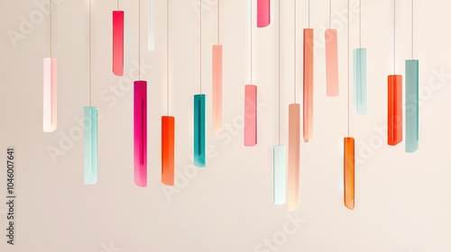  A group of colorful sticks hangs from the ceiling, framing a white wall and a pale pink backdrop