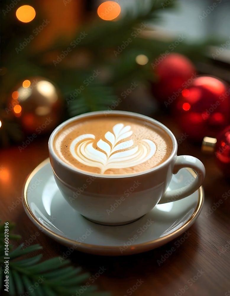 A picture shows a cup of coffee with latte art that looks like intricate flowers, and is surrounded by festive red and green Christmas decorations, including shiny ornaments and flickering lights. A picture shows a cup of coffee with latte art that looks like intricate flowers, and is surrounded by festive red and green Christmas decorations, including shiny ornaments and flickering lights.