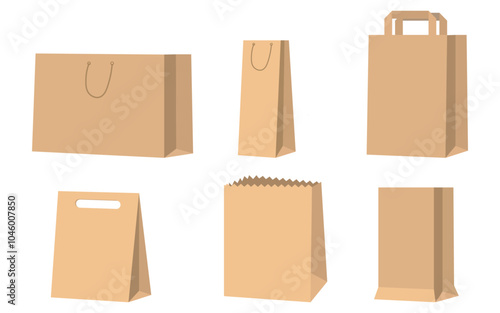 Brown paper bag with handle vector mockup, Shopping bag mockup, 