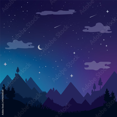 Starry Night Vector Illustration with gradient sky background