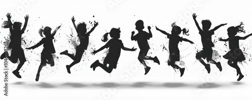 Black and white silhouettes of children jumping and playing in the grass, symbolizing childhood joy and freedom.